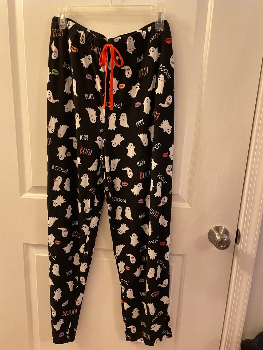 Women’s Black Ghost-Print Pajama Pants with Orange Drawstring